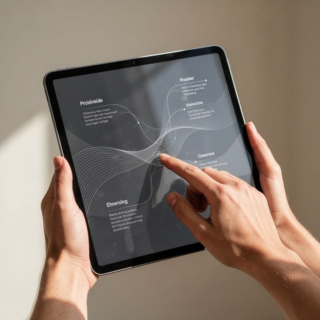 Close-up of hands holding tablet displaying clean web design with subtle flowing lines connecting sections.