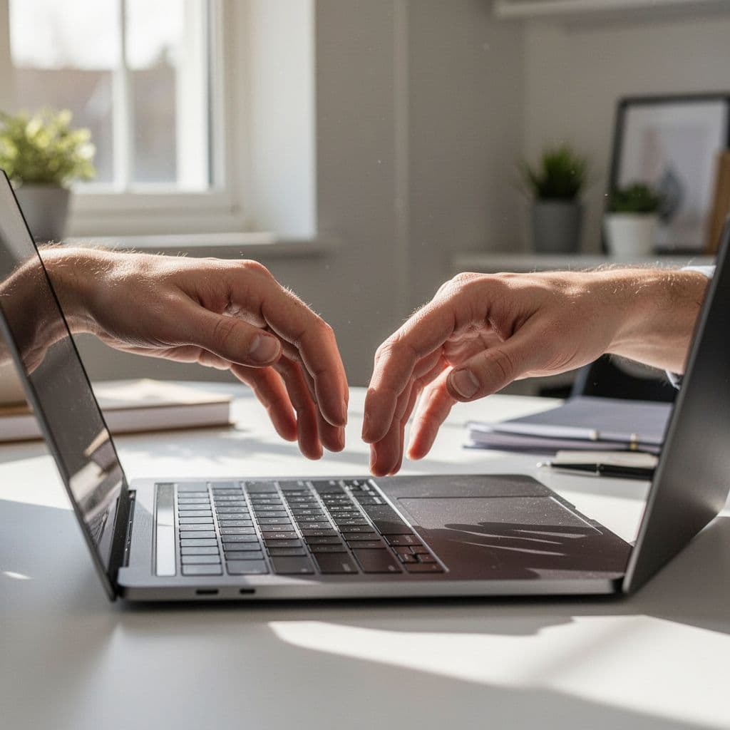 A person's hands hover above a laptop keyboard in a bright, modern office space.