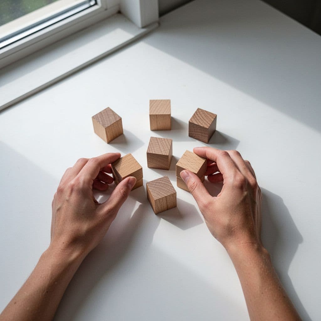 Hands rearrange small identical wooden blocks on a white desk.