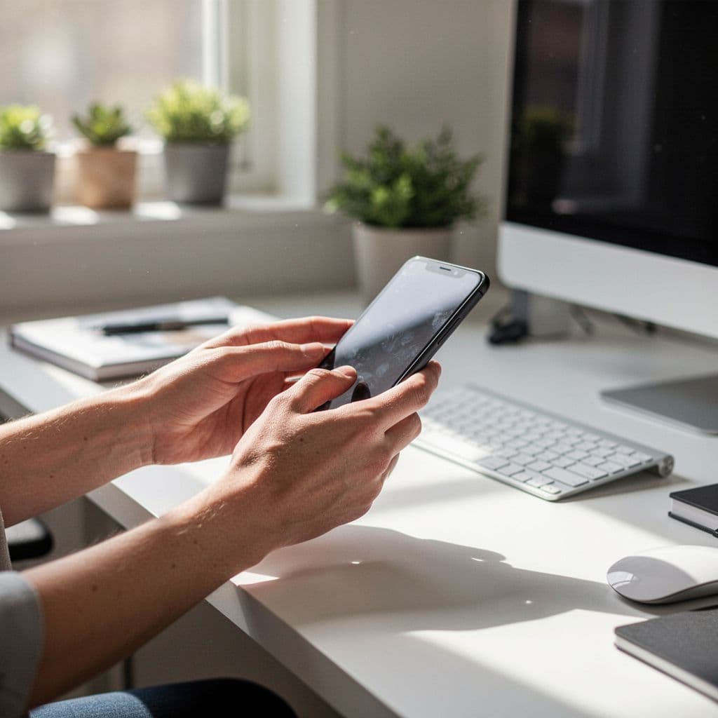 A person holds and interacts with a modern electronic device in a bright home office.