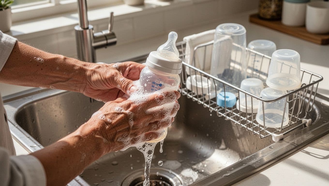 Pair of hands washes baby bottles and silicone nipples with dish soap in kitchen sink, drying rack nearby.
