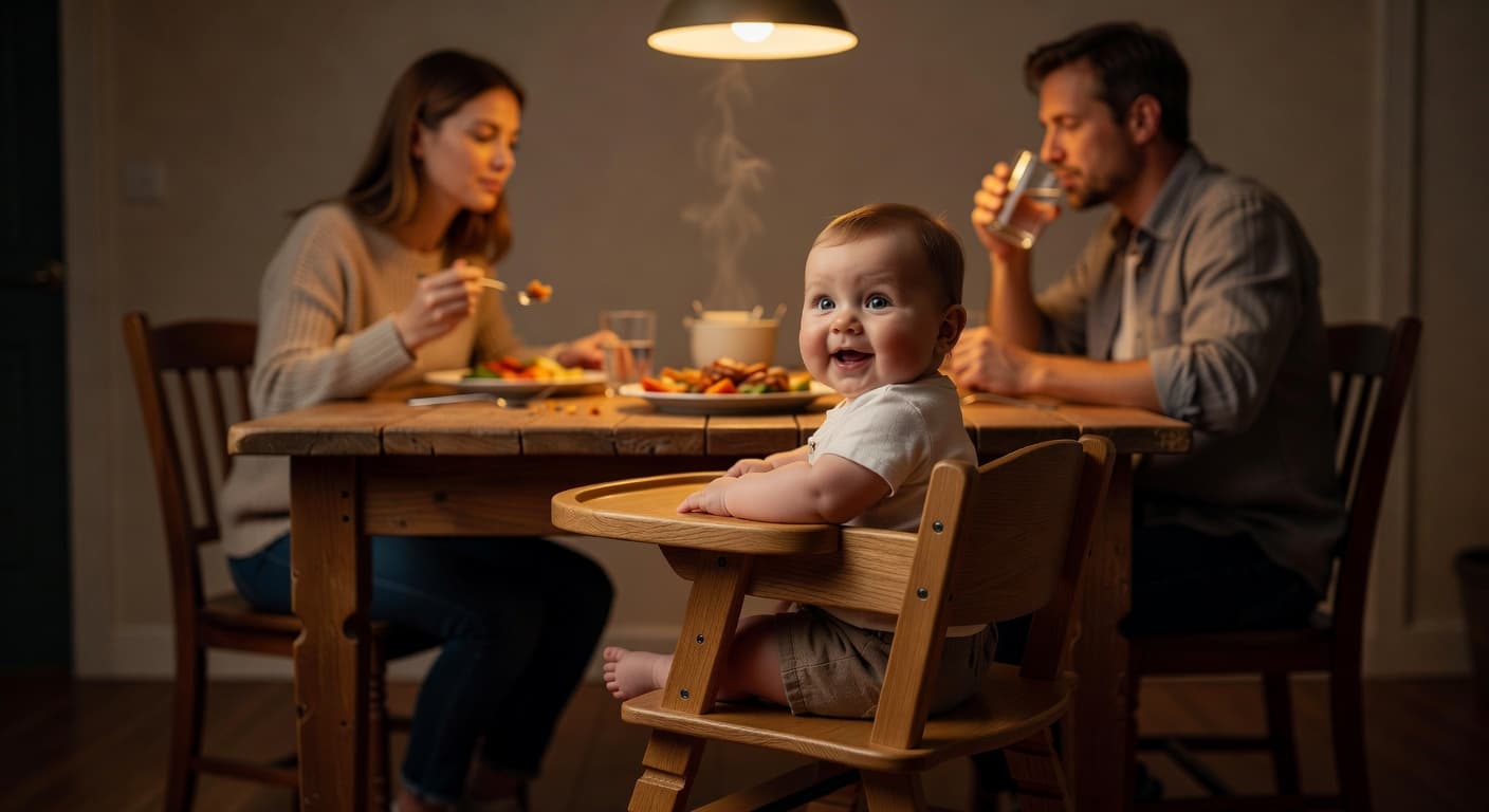 A six-month-old infant sits patiently in a wooden high chair at a family dining table. The baby watches parents eat while warm, ambient lighting highlights their curious expression and soft skin.