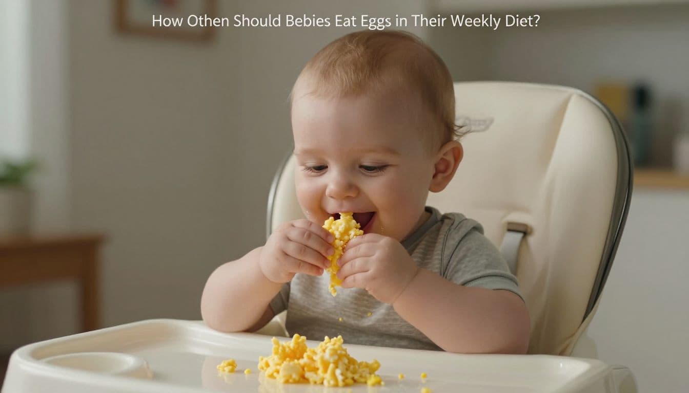 A cheerful infant sits in a wooden high chair while eating scrambled eggs from a small white bowl. Soft morning sunlight illuminates the baby's joyful facial expression and the kitchen setting.