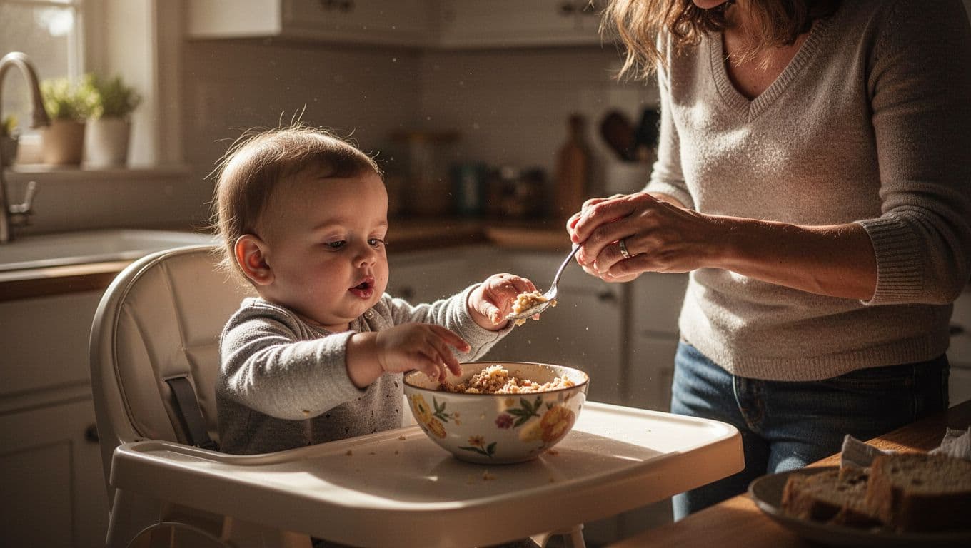 A cheerful baby sits in a wooden high chair while reaching for a spoon held by a parent. Golden light illuminates the pair, highlighting the joyful bond during a daily feeding.
