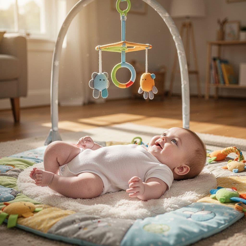 A contented infant lies on a soft mat, gazing up at a hanging toy indoors.