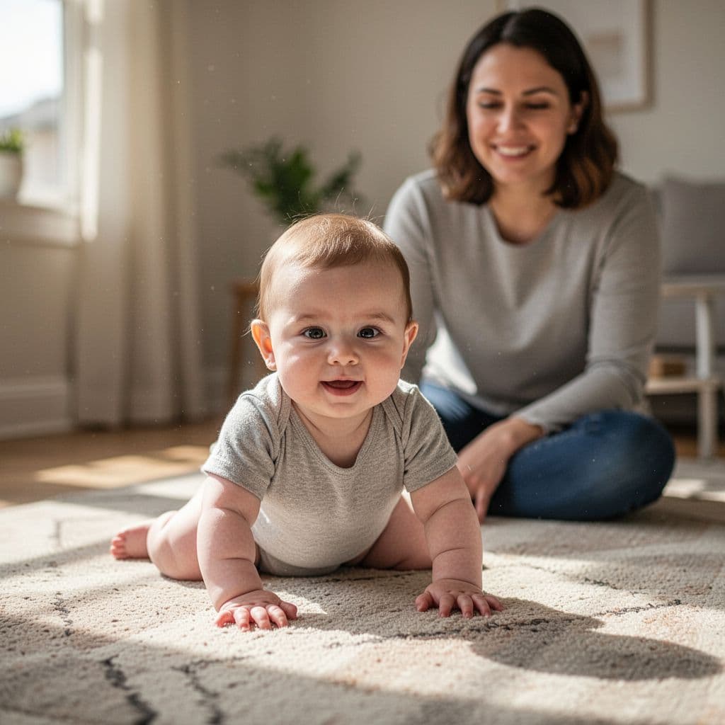 Happy 6-month-old baby plays on neutral rug in sunlit room, parent watches smiling nearby.