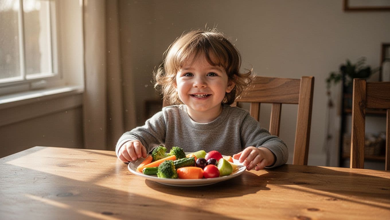 A young child sits peacefully at a rustic wooden table with a plate of fresh food. Warm morning sunlight streams across the wooden surface, creating a gentle and inviting mealtime atmosphere.