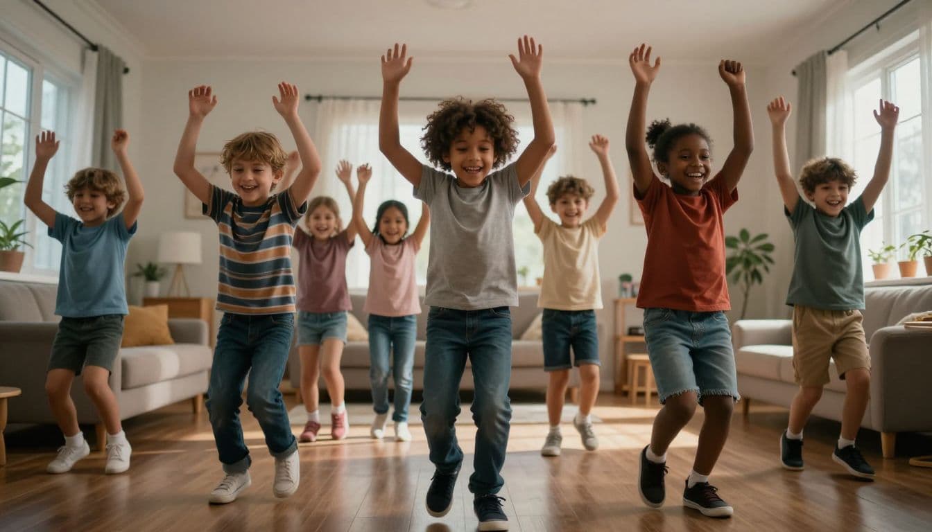 A group of joyful preschoolers dances in a sunlit living room with their arms raised high. The children stomp their feet on the floor while displaying energetic expressions and playful movements.