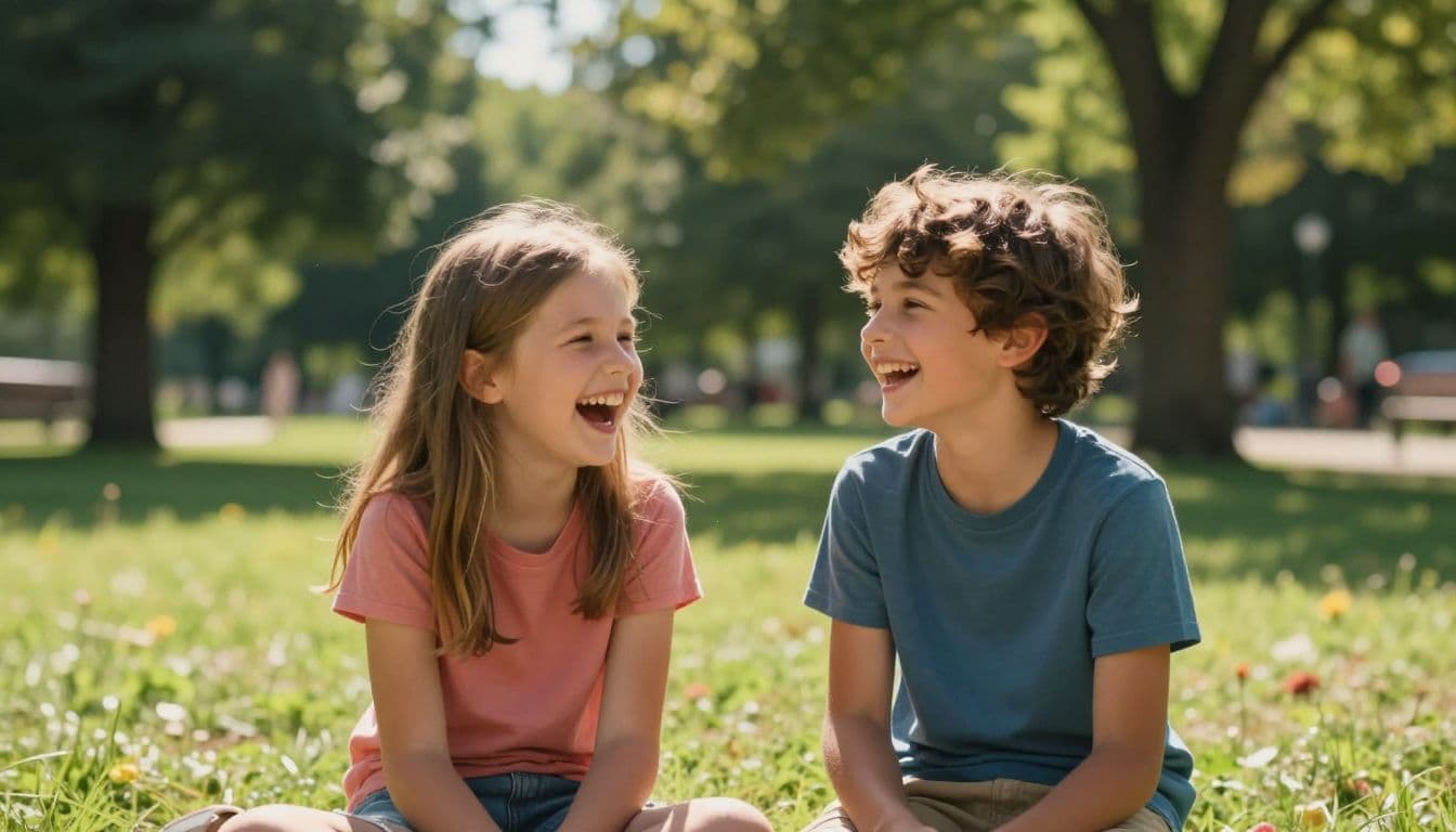 Two joyful children laugh while playing in a lush green park under brilliant summer sunshine. The cinematic lighting accentuates their expressions and the vibrant colors of the surrounding landscape and trees.