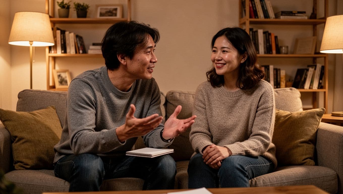 A joyful couple in a cozy evening living room sits on a couch with a notepad of baby names, one gesturing and saying a name aloud while the other smiles and listens under warm lamp light.