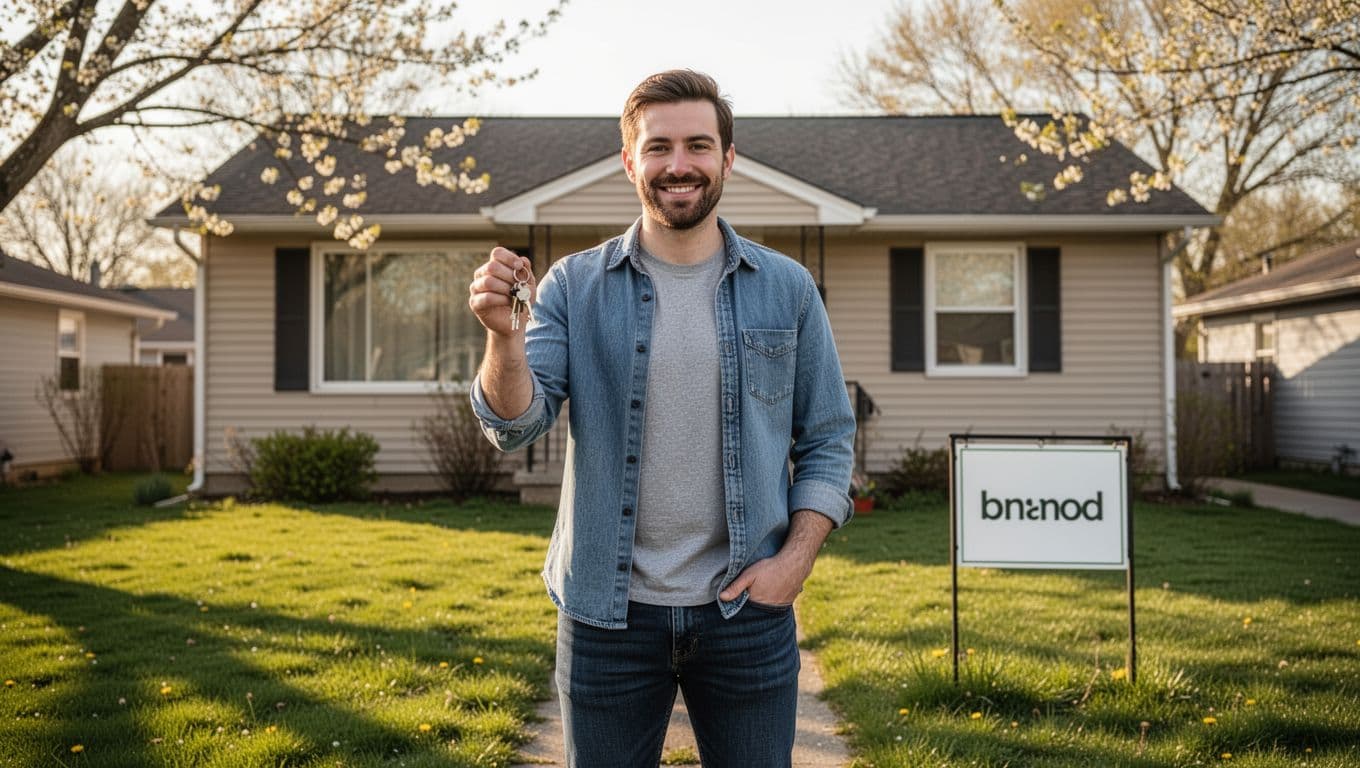 A single happy freelancer smiles confidently in front of a modest suburban house, holding new house keys with a for-sale sign and green lawn nearby in spring daylight.