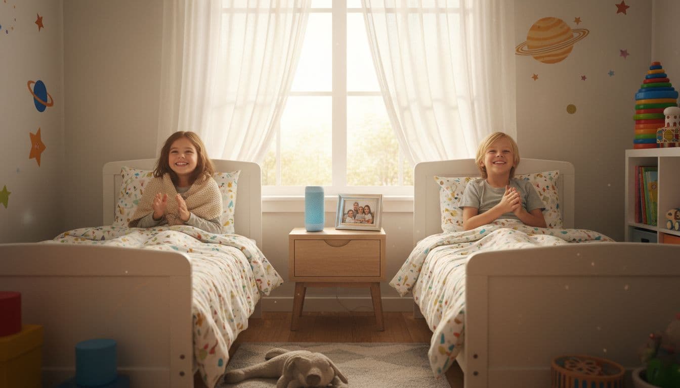 Bright kids bedroom bathed in natural morning sunlight with two children aged 6-8 sitting up in cozy beds, smiling and listening to upbeat music from a wireless speaker on the nightstand.