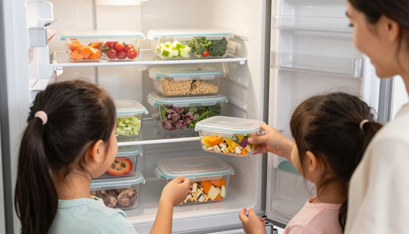 A happy busy mom and her two young kids smile while organizing neat labeled meal prep containers in an open fridge, with portioned proteins, grains, and veggies in clear bags and boxes in a cozy home kitchen under bright natural morning light.