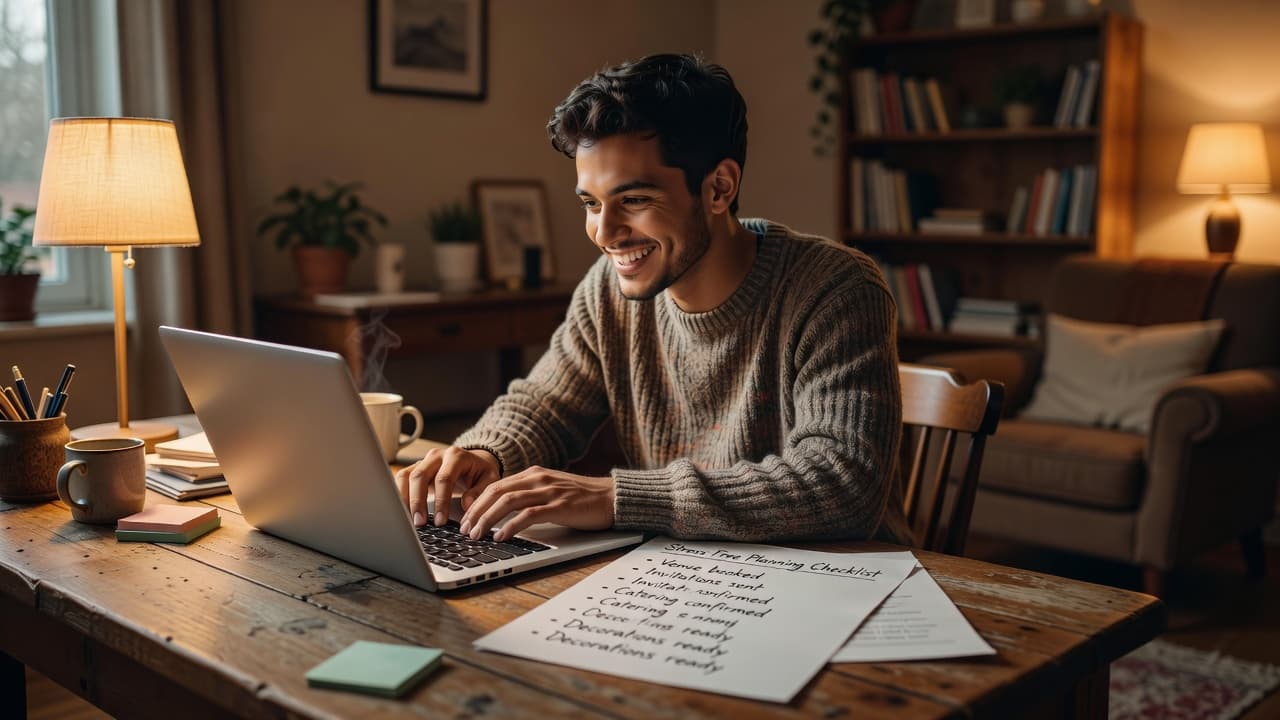 A smiling person at a desk reviewing a handwritten checklist in a cozy home office.