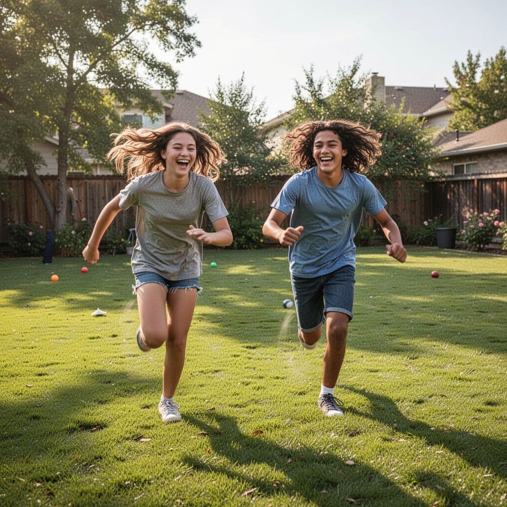 Four happy teenagers run and laugh in a green backyard on a sunny afternoon.