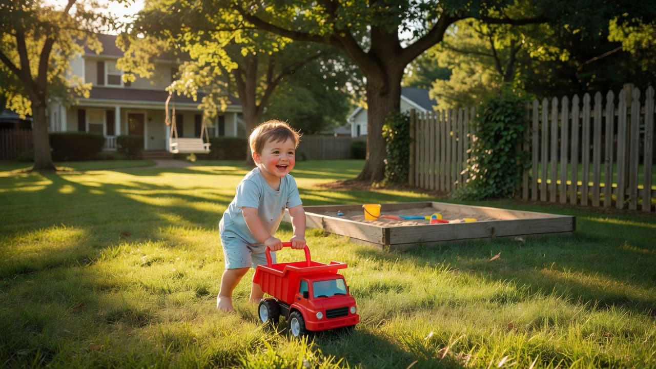 A cheerful toddler plays barefoot on the lush green grass of a private backyard. Warm summer sunlight illuminates the scene while colorful plastic toys are scattered across the well-manicured lawn.