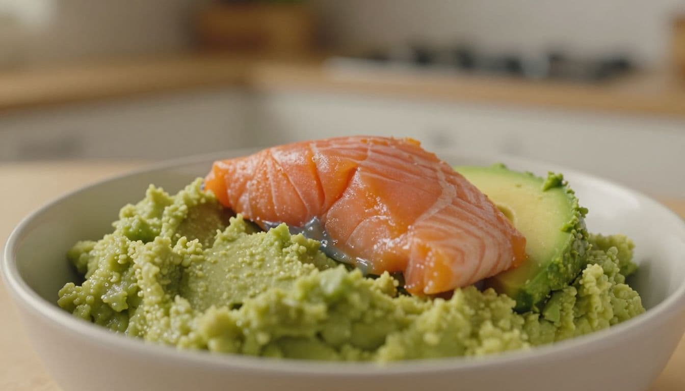 A ceramic bowl filled with vibrant green mashed avocado topped with flaky pink salmon sits on a surface. Soft ambient light highlights the creamy texture of this nutritious infant meal.