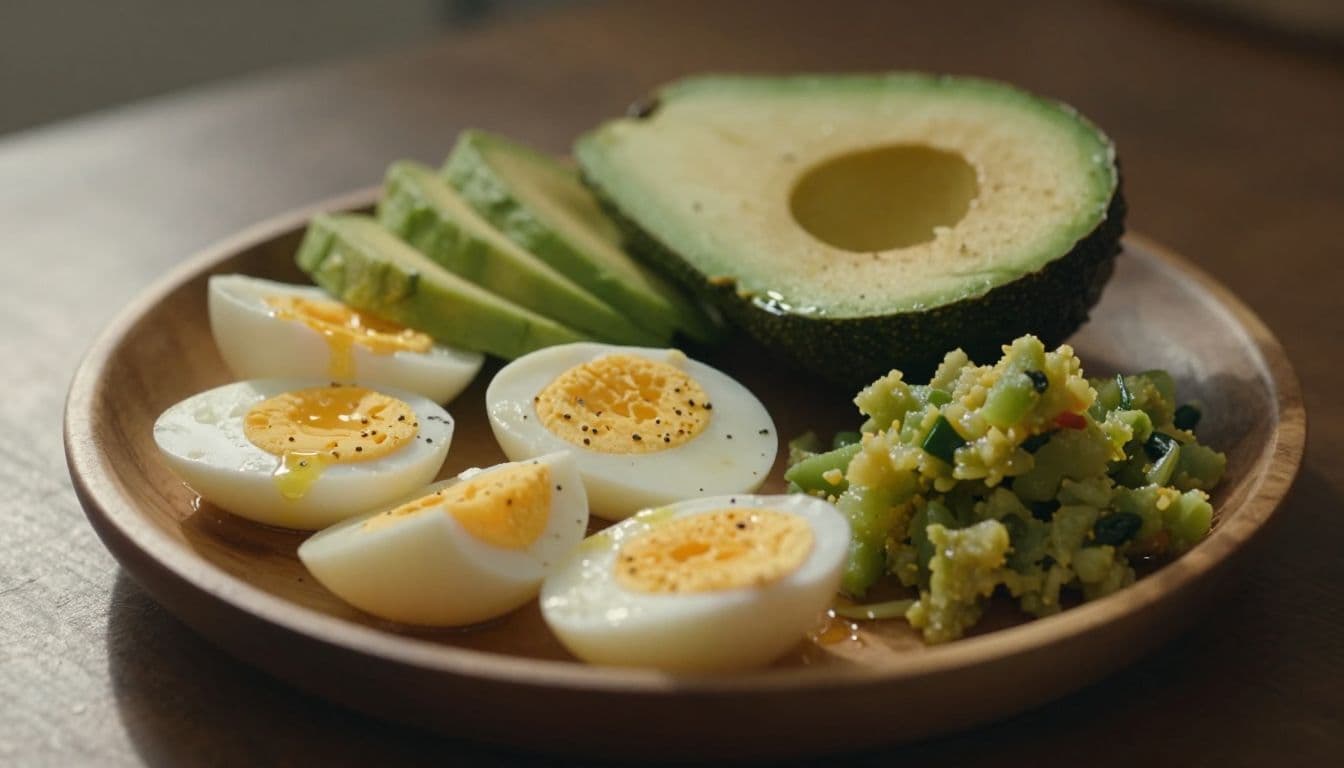 A wooden tray holds soft egg pieces, sliced avocado, and smooth pureed vegetables. Soft natural light highlights the food textures, casting warm shadows across the organic surface of the small plate.