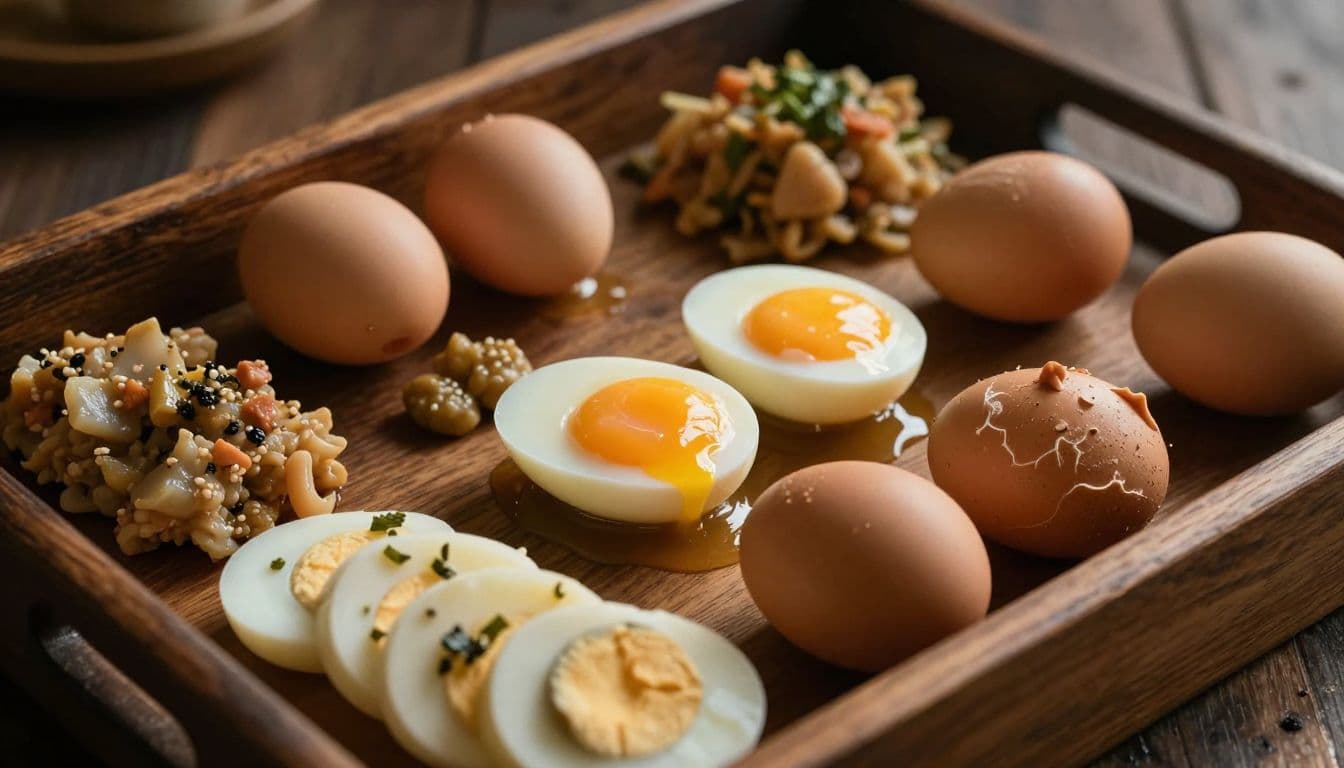 Several small bowls containing smooth, nutrient-dense egg purees and soft-cooked egg preparations rest on a weathered wooden serving tray. Warm morning sun highlights the rich colors and creamy textures of food.