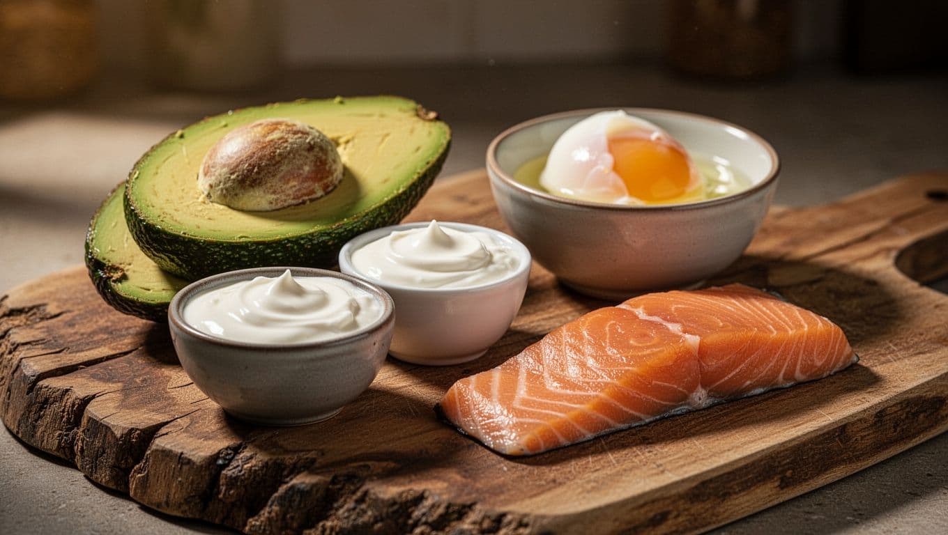 A rustic wooden board displays a halved avocado, creamy yogurt in a ceramic bowl, a soft-boiled egg, and flaked salmon. The ingredients provide a variety of essential nutrients for developing infants.