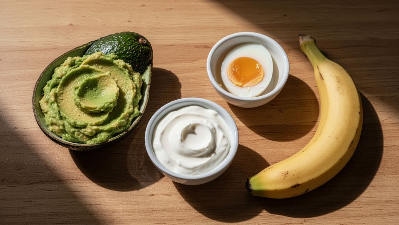A top-down view shows mashed avocado, a soft-cooked egg, creamy Greek yogurt in a small bowl, and a ripe banana arranged artfully on a dark surface under dramatic, high-contrast studio lighting.