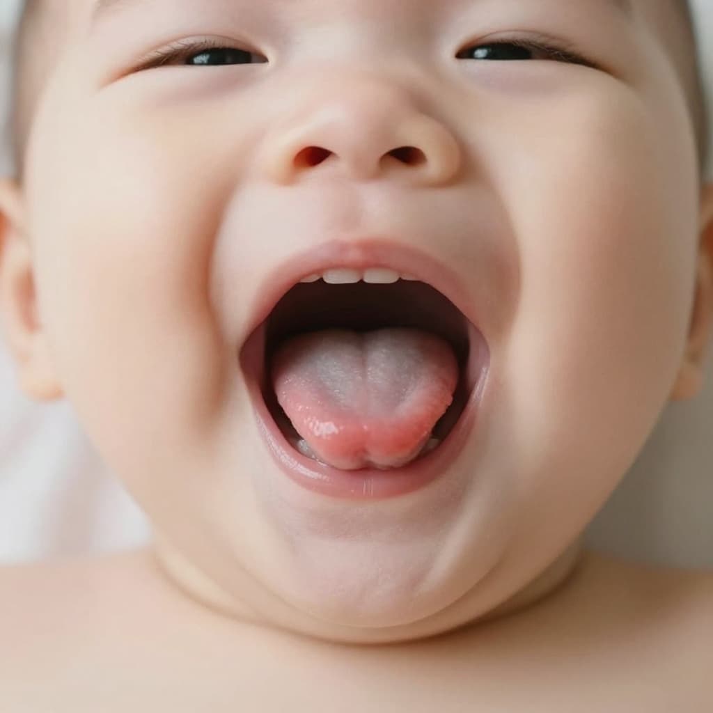 A close-up shot of an infant showing their healthy pink tongue with an open mouth.