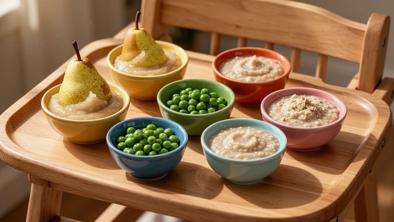 Small ceramic bowls containing pureed pears, bright green peas, and cooked oatmeal rest on a wooden high chair tray. These fiber-rich meals provide gentle nutrition for a developing infant's digestive system.
