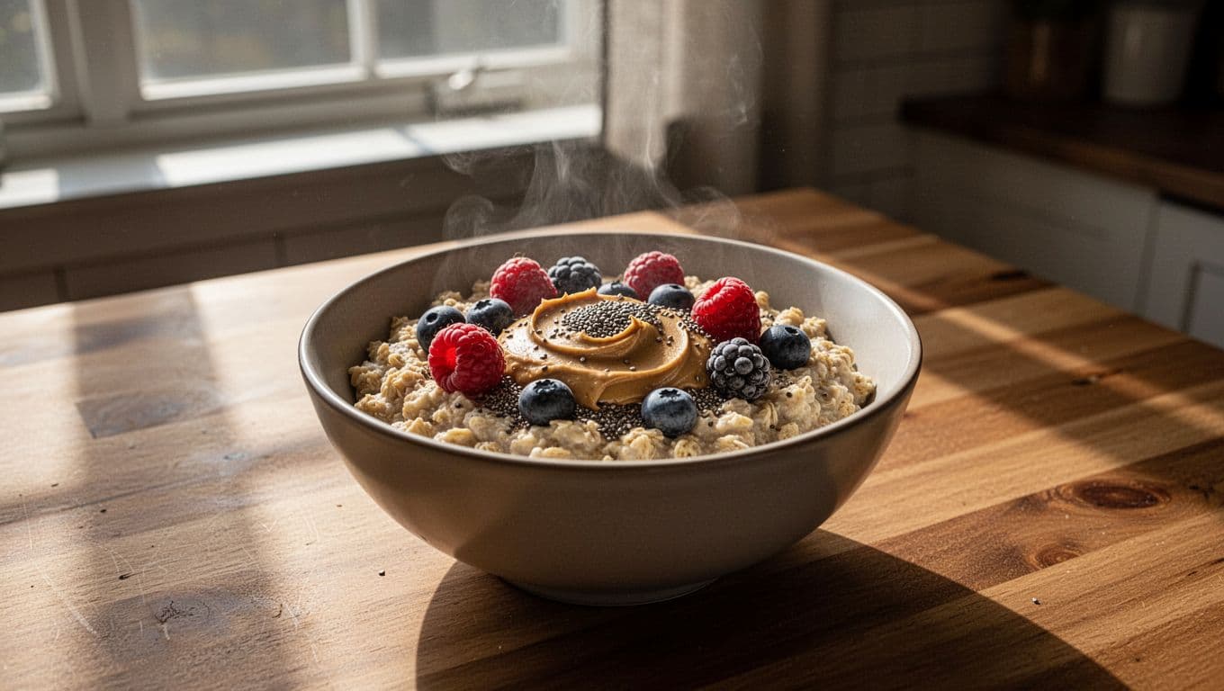 A steaming bowl of creamy oatmeal is garnished with vibrant fresh berries, creamy peanut butter, and healthy chia seeds. It sits on a rustic wooden table under soft, natural morning light.