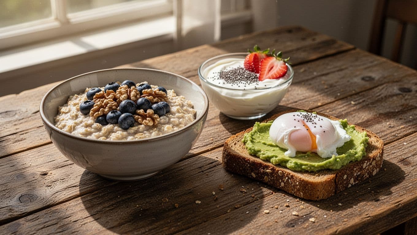 A rustic wooden table features oatmeal with blueberries, Greek yogurt with chia seeds, and avocado toast with a poached egg. Bright morning sunlight highlights these nutritious anti-inflammatory food options clearly.