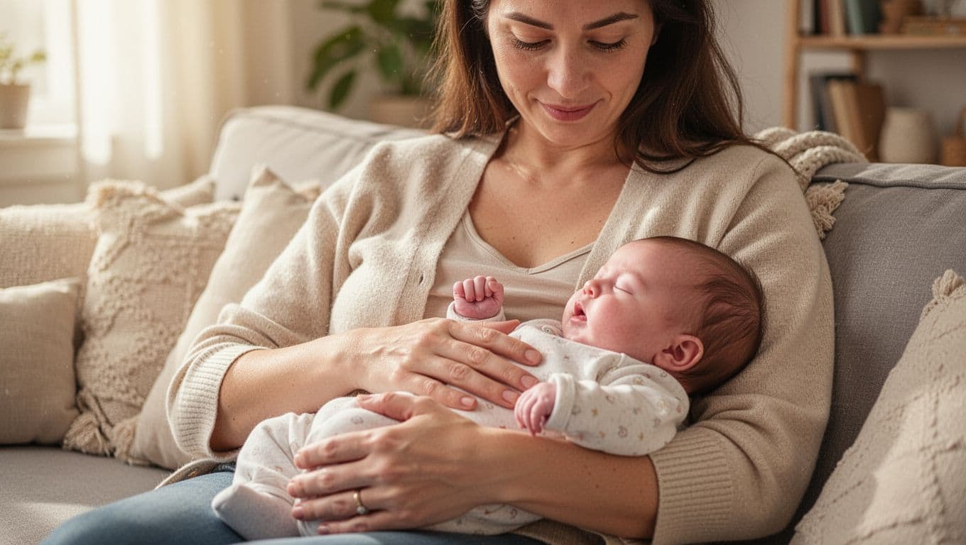 Mother breastfeeds baby in comfortable home with healthy pink mouths.