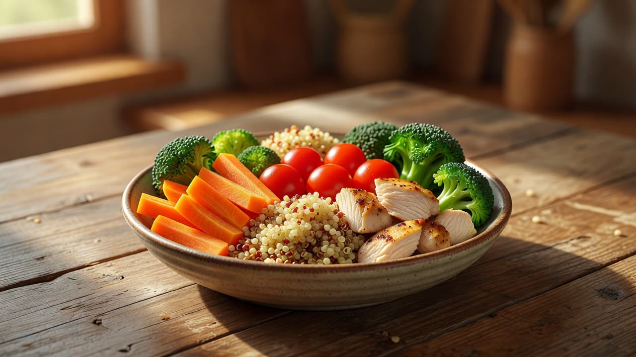 A wooden table surface displays a partitioned plate filled with roasted carrots, broccoli florets, fluffy brown rice, and grilled chicken strips. Warm sunlight highlights the varied textures and vibrant vegetable colors.
