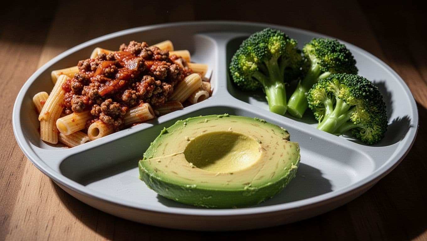 A partitioned plate displays a balanced lunch consisting of savory pasta with meat sauce, fresh avocado slices, and bright green steamed broccoli under dramatic, high-contrast cinematic kitchen lighting.