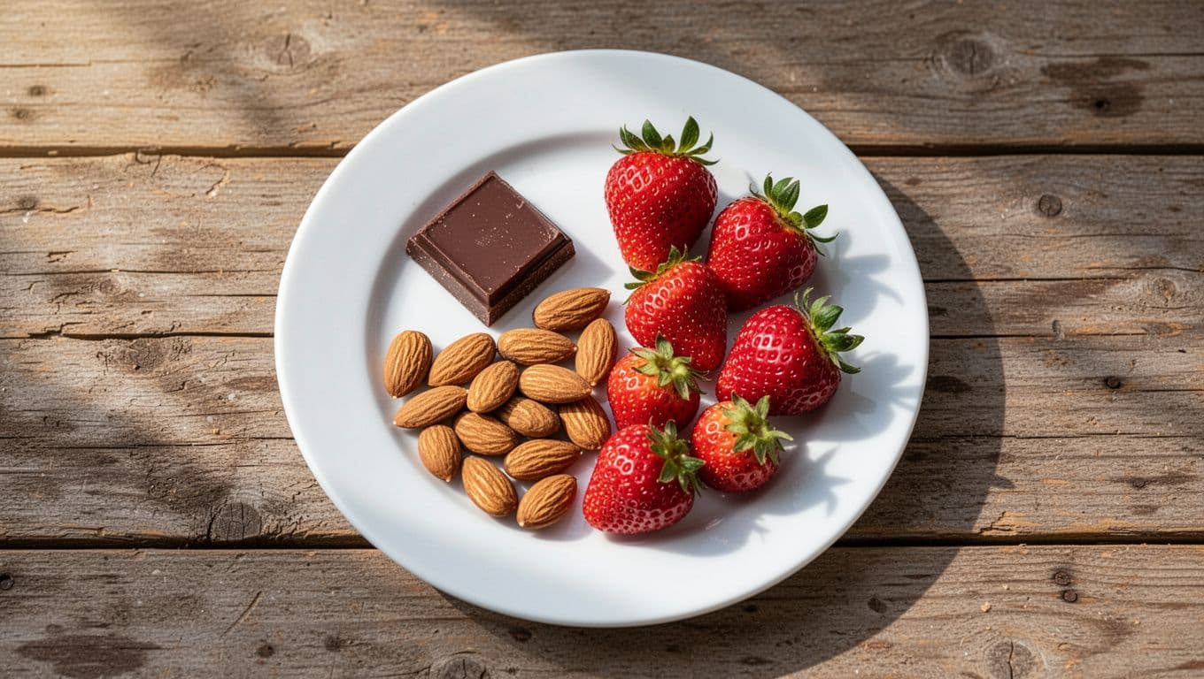 Small piece of dark chocolate, handful of almonds, and fresh strawberries on a wooden table.
