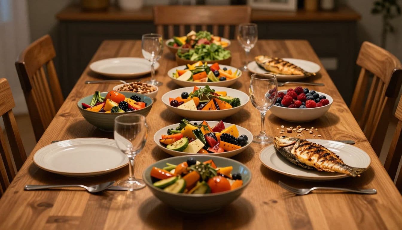 A rustic wooden dining table displays an array of roasted vegetables, fresh berries, grilled fish, and nutrient-dense nuts. Soft golden lighting highlights the vibrant textures of these wholesome, anti-inflammatory food options.