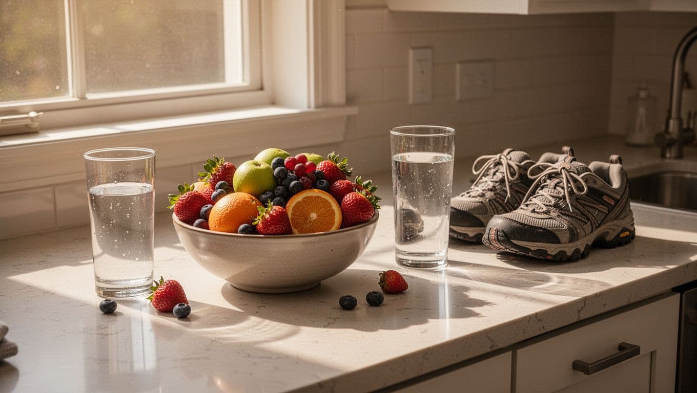 A wooden countertop features a bowl of fresh seasonal fruit and a clear glass of water next to comfortable walking shoes. Warm golden light fills the room, highlighting the peaceful space.