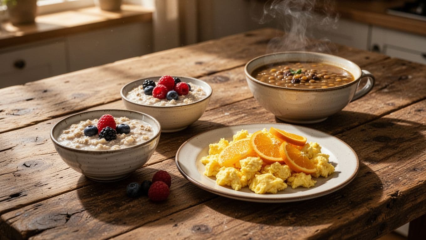 A rustic wooden table displays a nourishing spread for children featuring oatmeal with fresh berries, fluffy scrambled eggs with orange slices, and a savory bowl of warm, iron-packed lentil soup.