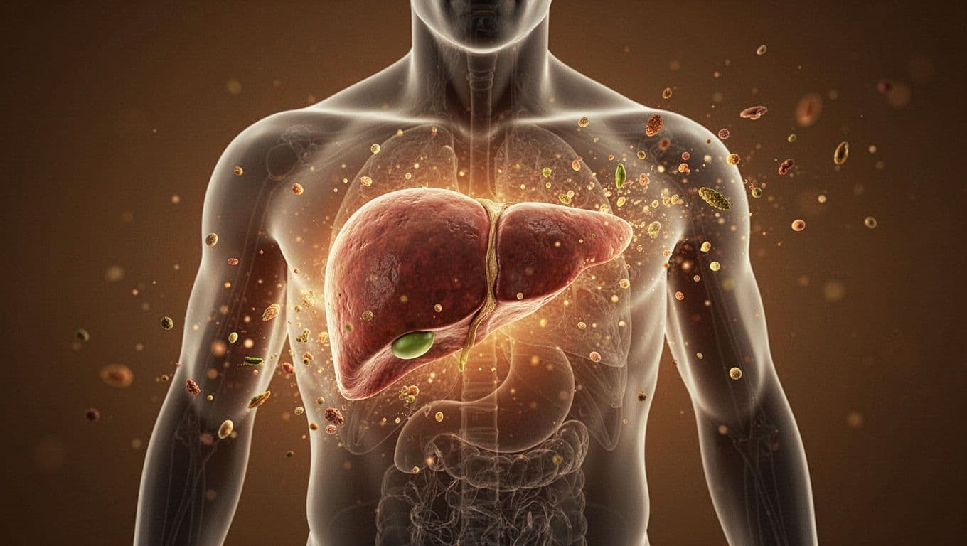 A vibrant anatomical liver rests inside a dark human silhouette, surrounded by glowing golden particles of nutrients. The dramatic lighting emphasizes the organ as it filters waste within the body.