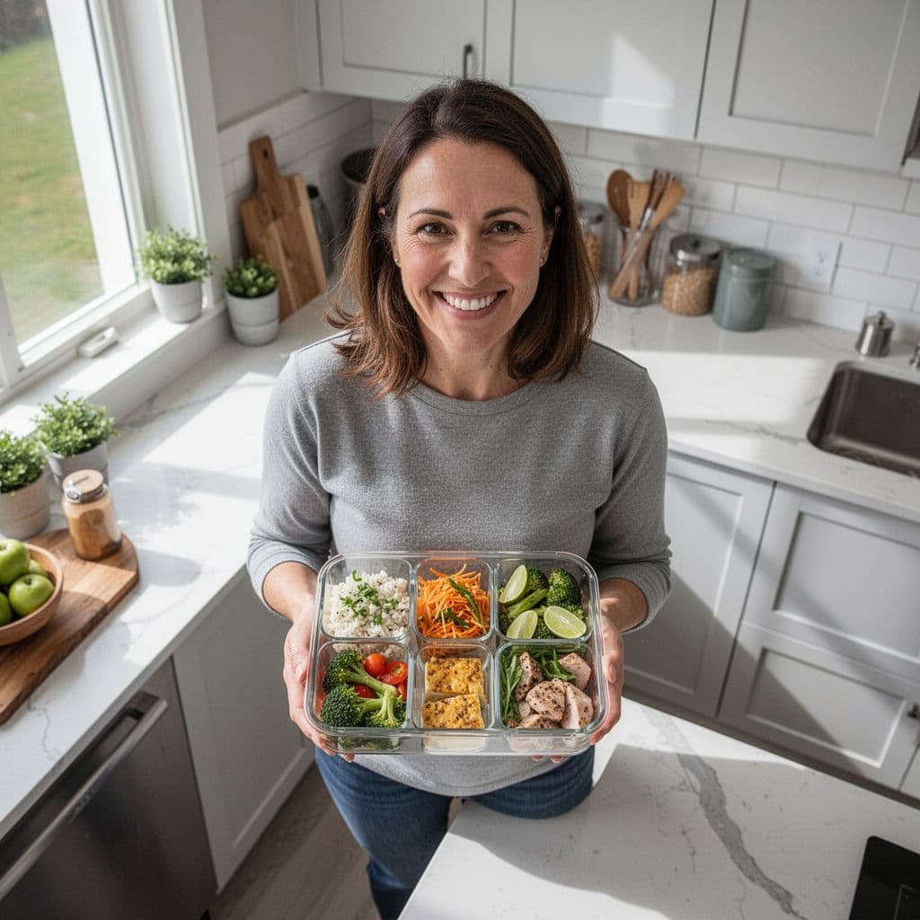 A person holds a neatly organized glass container filled with balanced whole foods in a bright kitchen.