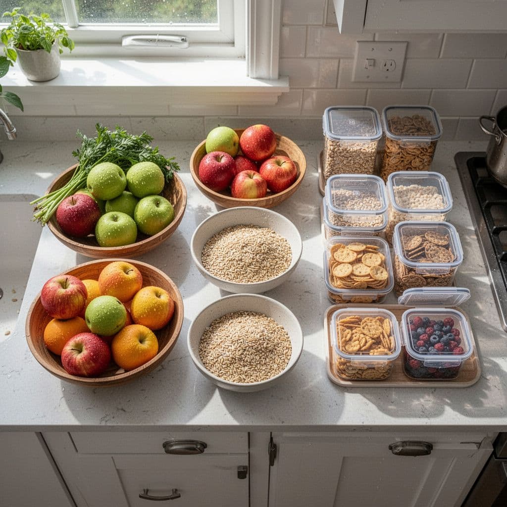 A top-down view of washed fruit, grains, and prepared snack boxes on a clean kitchen counter.