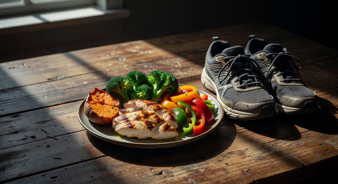 A ceramic plate featuring colorful steamed vegetables and grilled chicken breast sits on a dark rustic wooden table. A pair of worn athletic running shoes rests directly beside the healthy meal.