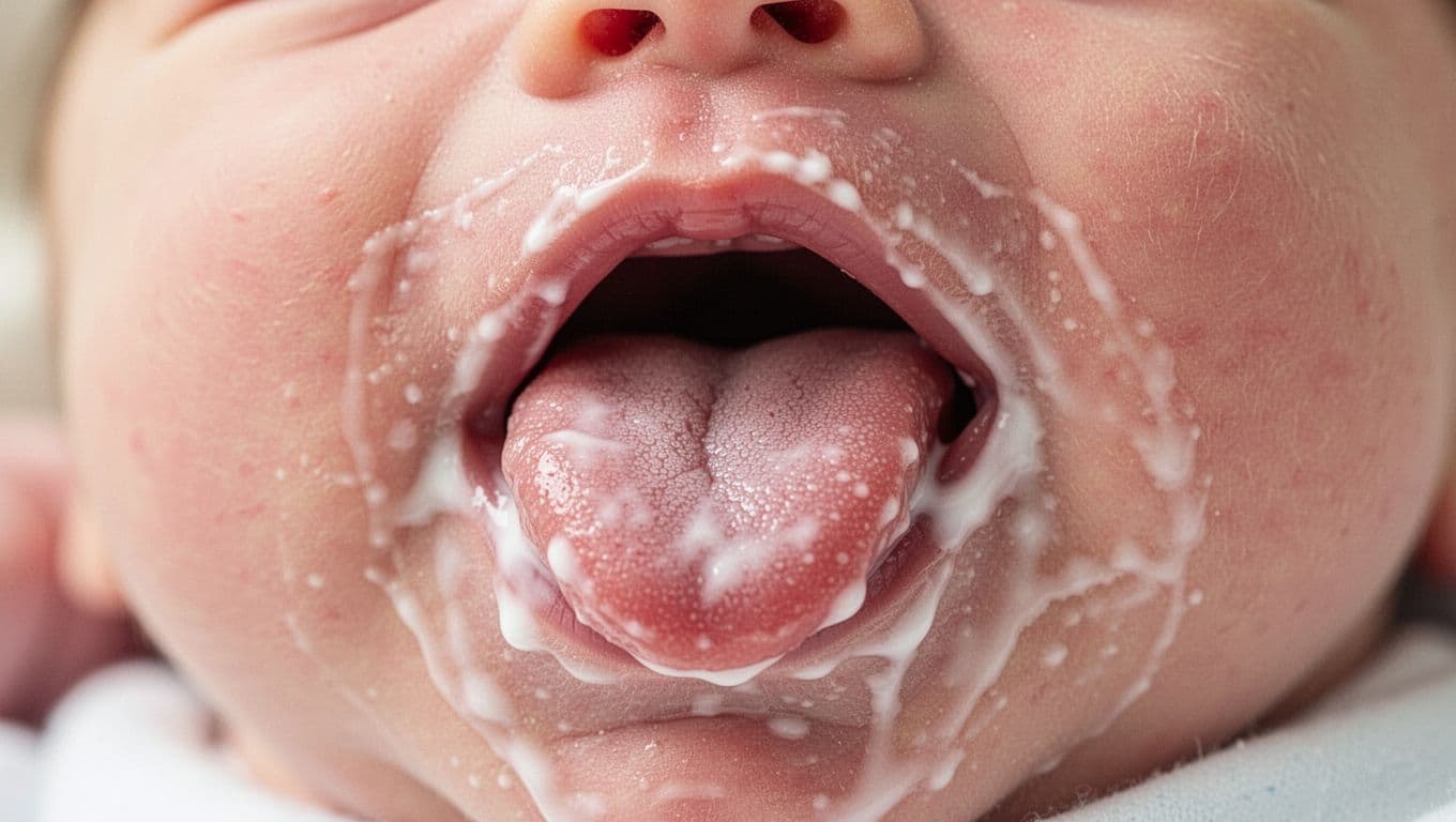 Close-up of pink newborn tongue with thin even white milk residue.