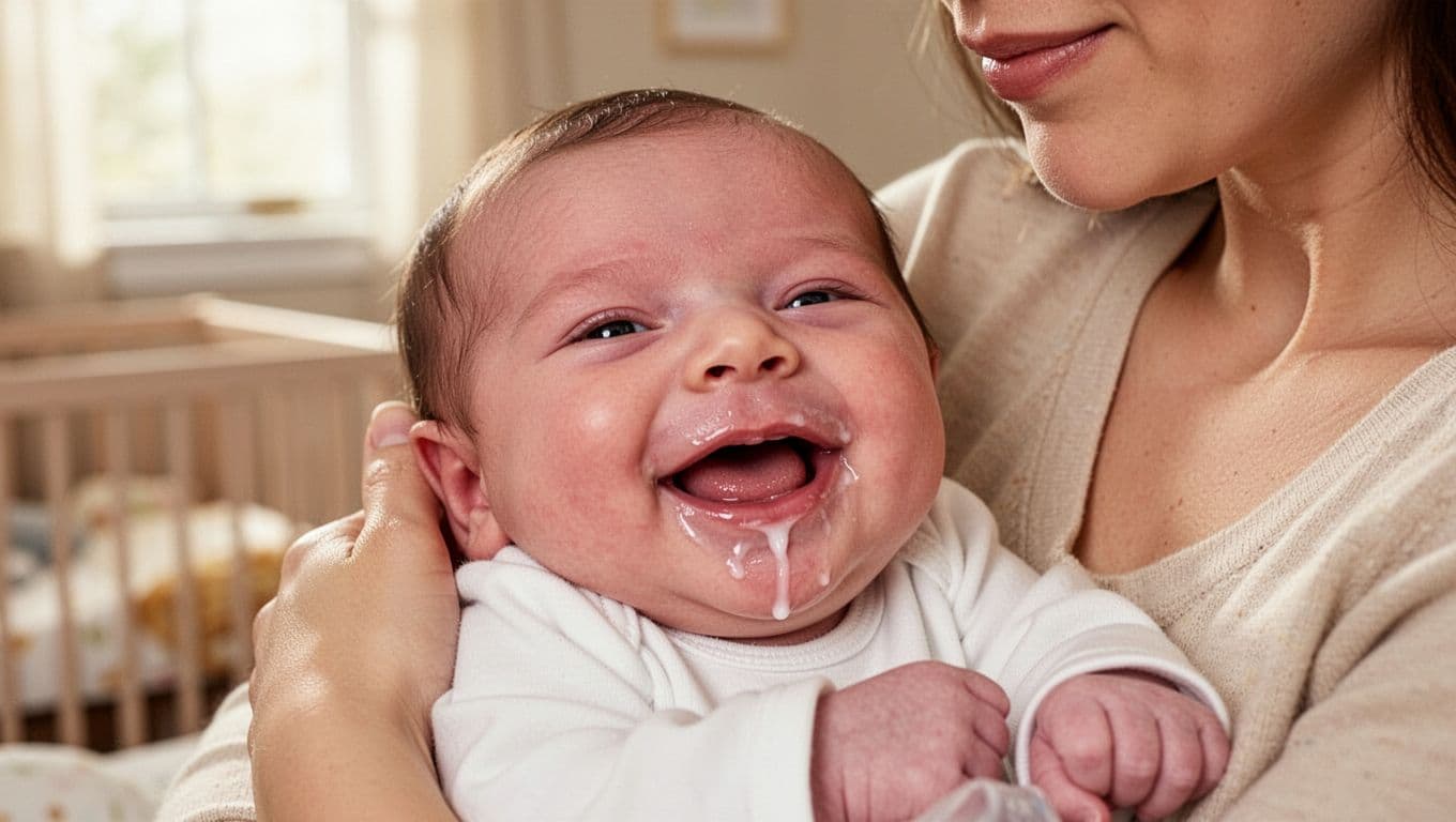Content newborn in mother's arms has thin white milk residue on tongue over pink gums.