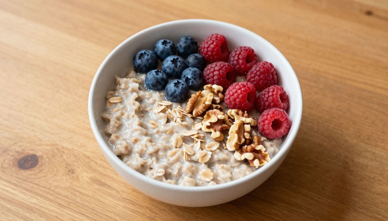 A wooden table surface holds a ceramic bowl filled with cooked oatmeal topped with blueberries, raspberries, and crushed nuts. Soft natural light illuminates the vibrant colors and varied textures throughout.