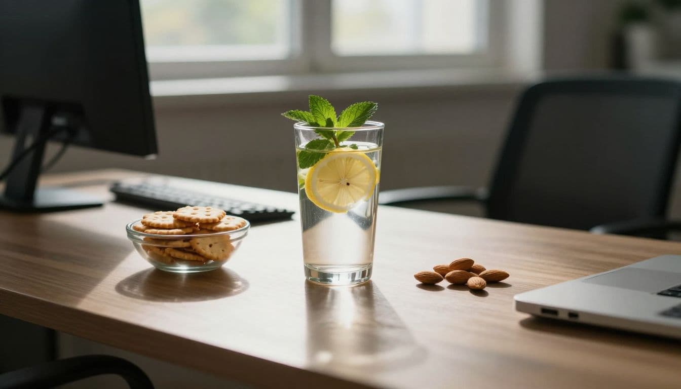 A glass of lemon and mint water sits next to a bowl of crackers and raw almonds on a clean desk. Soft sunlight highlights the nourishing snacks during a workday.