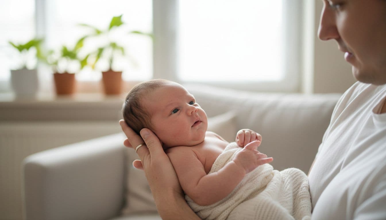 Realistic photograph of a healthy one-month-old newborn baby gently held by a partially visible parent in a cozy home with soft natural light. The baby exhibits relaxed body movements, eyes focusing on the parent's face, and a subtle head turn responding to sound.