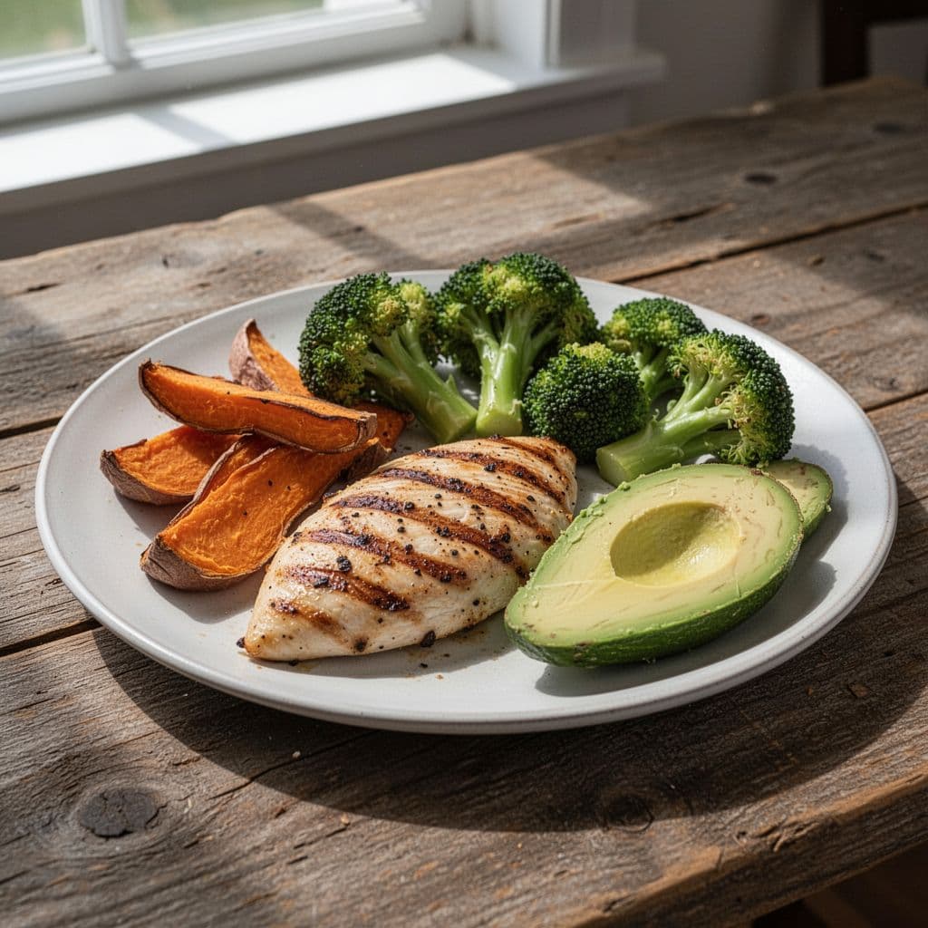 A plate featuring grilled chicken, roasted sweet potato, steamed broccoli, and avocado on a wooden surface.