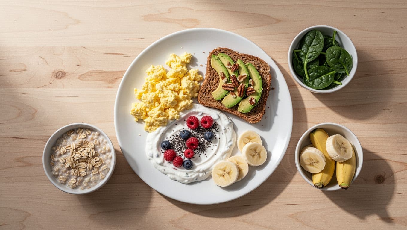 Top-down view of white plate with scrambled eggs, berry yogurt, avocado toast, plus oatmeal bowl, spinach, and banana.