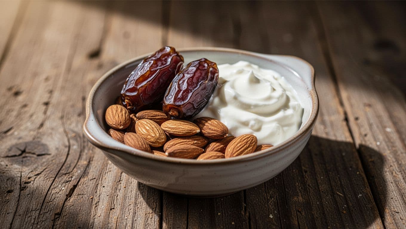 A rustic wooden surface features a small bowl filled with plump dates, a scattered handful of raw almonds, and a side of creamy Greek yogurt illuminated by dramatic, high-contrast side lighting.