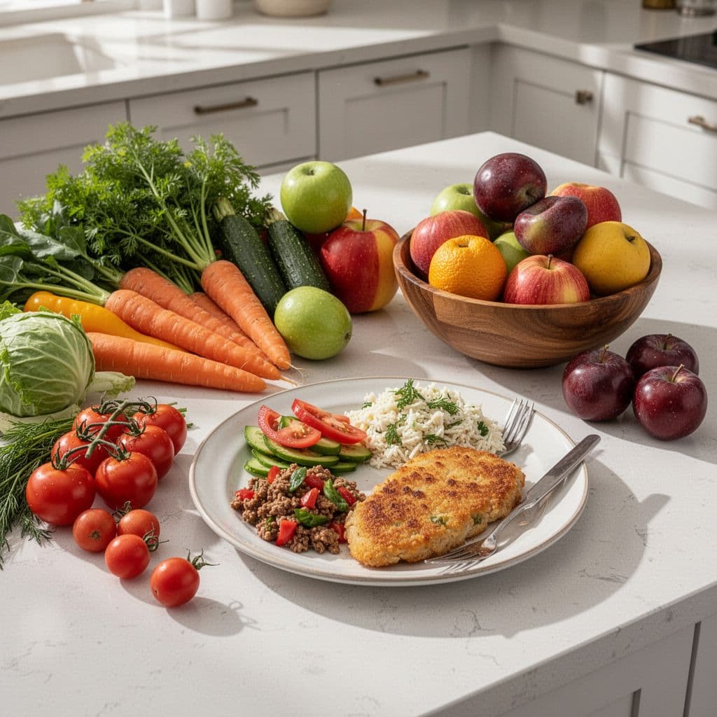 A bright kitchen counter displays fresh vegetables, a bowl of fruit, and a nutritious prepared meal.