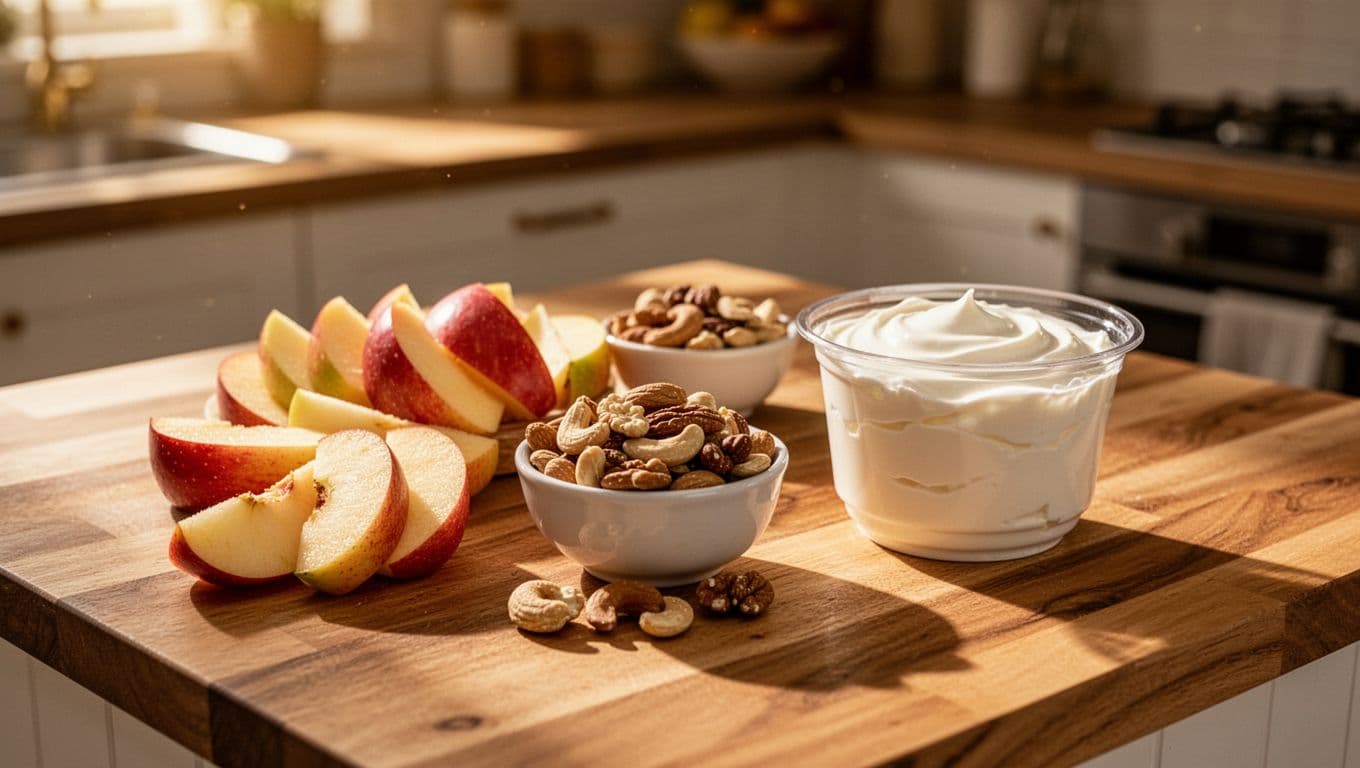 A rustic wooden tabletop displays a curated selection of nutritious snacks including fresh berries, crunchy almonds in a ceramic bowl, and creamy Greek yogurt. Golden sunlight illuminates the vibrant food textures.